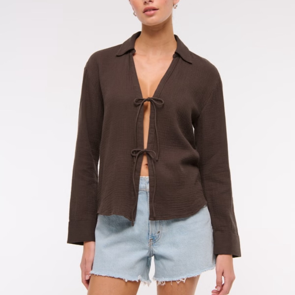 Abercrombie Long-Sleeve Oversized Tie-Front Gauzy Shirt